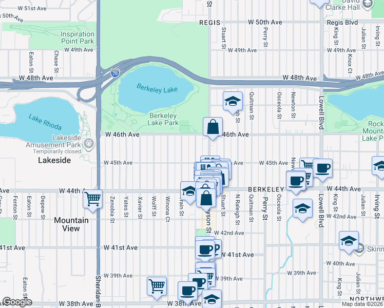 map of restaurants, bars, coffee shops, grocery stores, and more near 4527 Utica Street in Denver