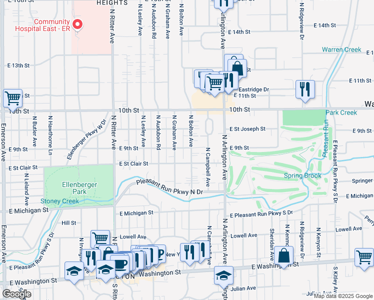 map of restaurants, bars, coffee shops, grocery stores, and more near 815 North Bolton Avenue in Indianapolis