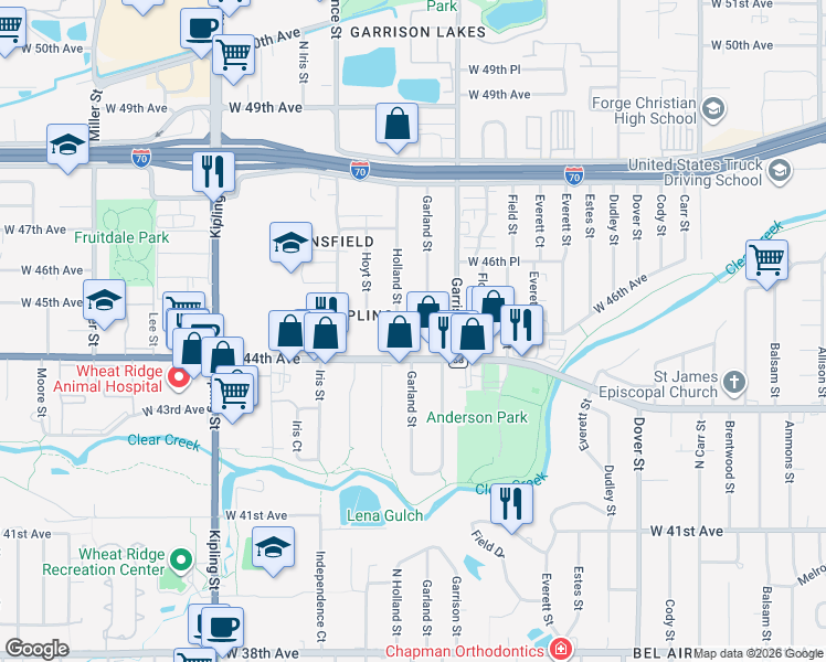 map of restaurants, bars, coffee shops, grocery stores, and more near 4450 Holland Street in Wheat Ridge