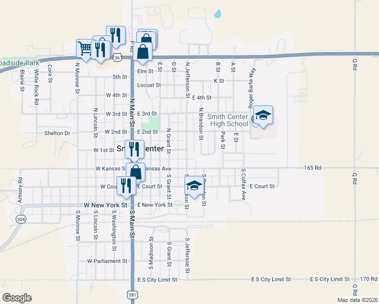 map of restaurants, bars, coffee shops, grocery stores, and more near 150 North Jefferson Street in Smith Center