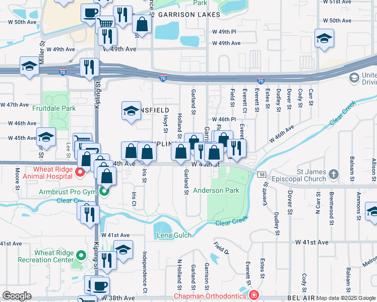 map of restaurants, bars, coffee shops, grocery stores, and more near 4450 Holland Street in Wheat Ridge