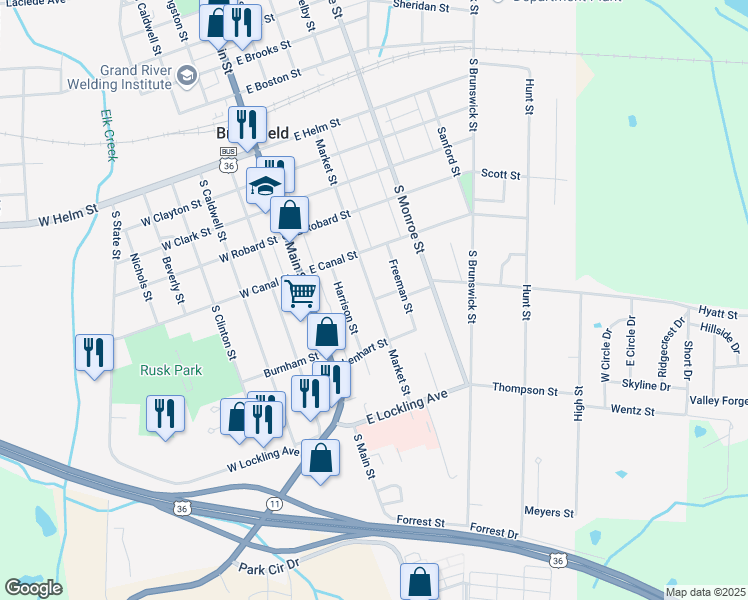 map of restaurants, bars, coffee shops, grocery stores, and more near 601 Market Street in Brookfield