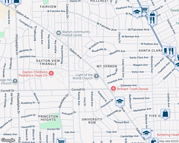 map of restaurants, bars, coffee shops, grocery stores, and more near 20 Vassar Drive in Dayton