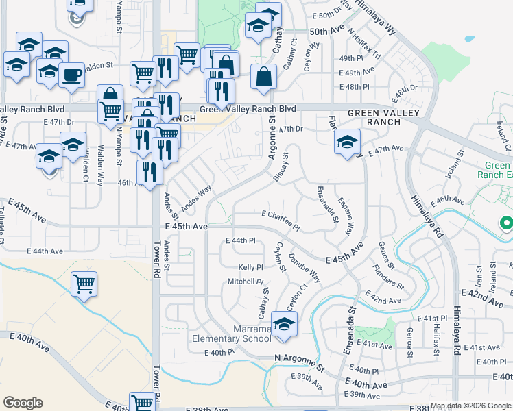 map of restaurants, bars, coffee shops, grocery stores, and more near 18940 East Chaffee Place in Denver