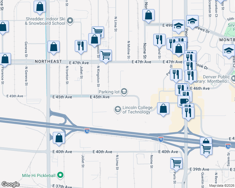 map of restaurants, bars, coffee shops, grocery stores, and more near 11192 East 45th Avenue in Denver