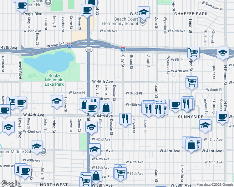 map of restaurants, bars, coffee shops, grocery stores, and more near in Denver