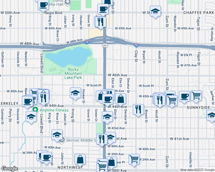 map of restaurants, bars, coffee shops, grocery stores, and more near 4525 Federal Boulevard in Denver