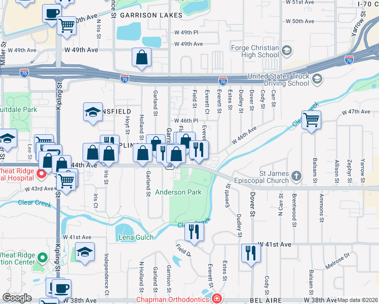 map of restaurants, bars, coffee shops, grocery stores, and more near 9045 West 44th Avenue in Wheat Ridge