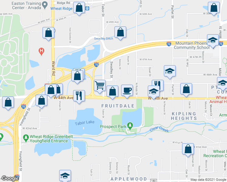 map of restaurants, bars, coffee shops, grocery stores, and more near 11645 West 44th Avenue in Wheat Ridge