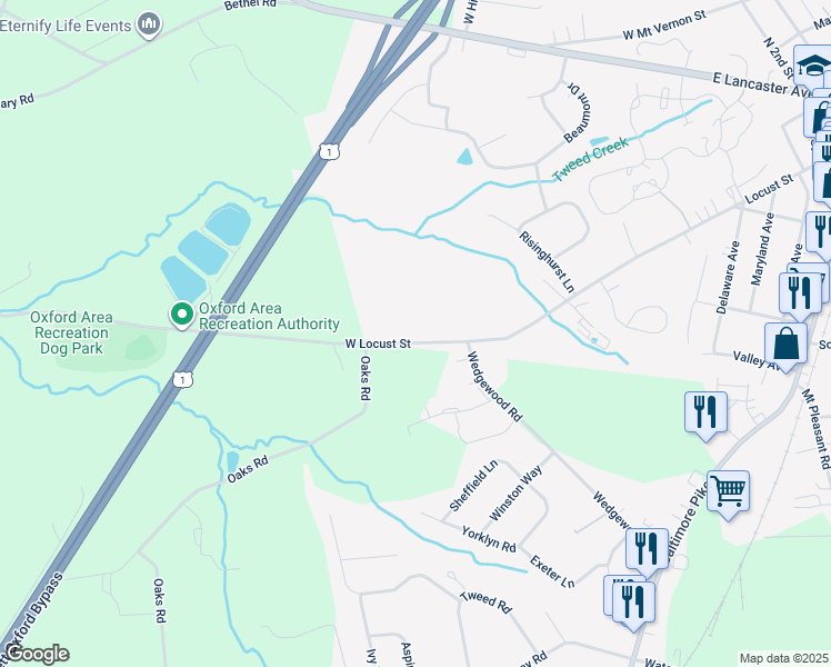 map of restaurants, bars, coffee shops, grocery stores, and more near 631 West Locust Street in Oxford