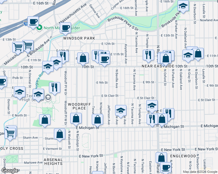 map of restaurants, bars, coffee shops, grocery stores, and more near 814 Jefferson Avenue in Indianapolis