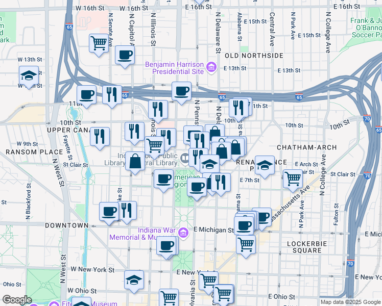 map of restaurants, bars, coffee shops, grocery stores, and more near 40 East Saint Clair Street in Indianapolis
