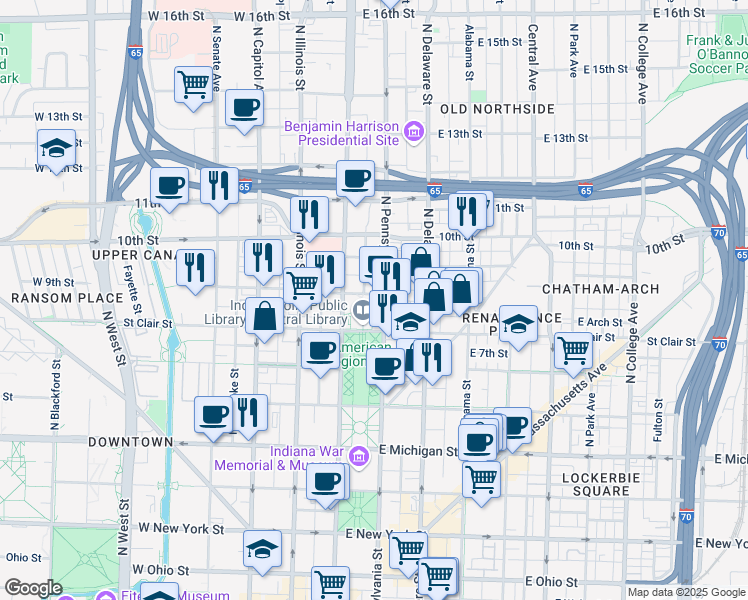 map of restaurants, bars, coffee shops, grocery stores, and more near 459 Massachusetts Avenue in Indianapolis