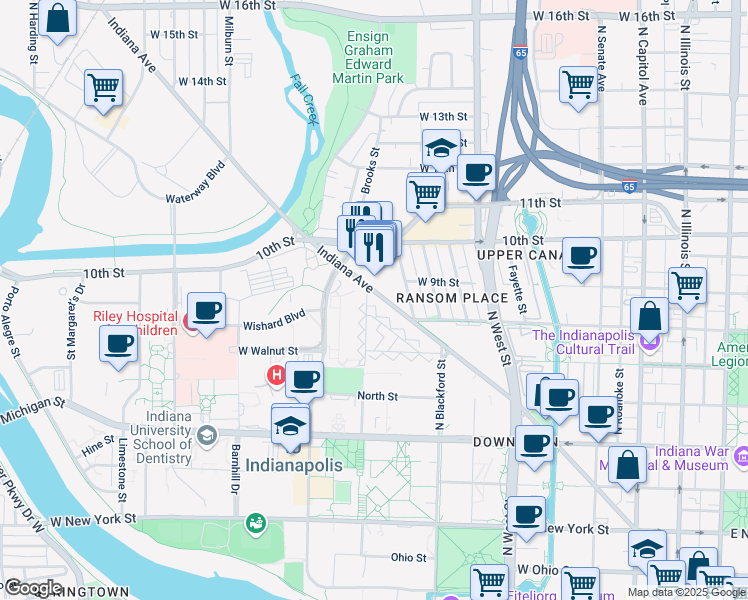 map of restaurants, bars, coffee shops, grocery stores, and more near 960 University Boulevard in Indianapolis
