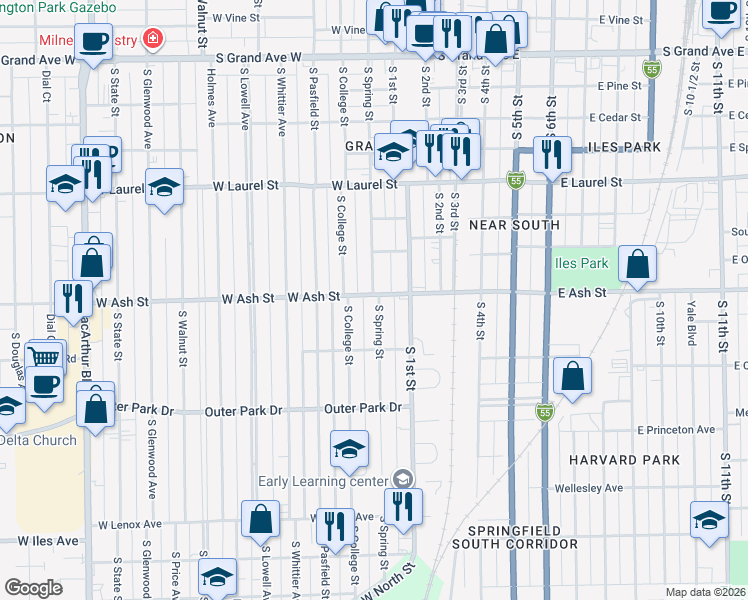 map of restaurants, bars, coffee shops, grocery stores, and more near 224 West Ash Street in Springfield