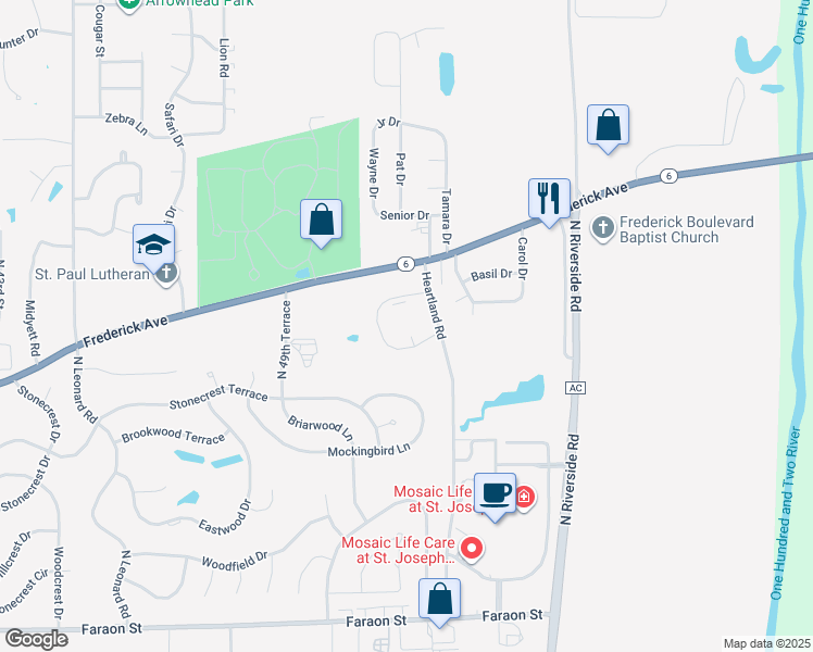 map of restaurants, bars, coffee shops, grocery stores, and more near 1202 Heartland Road in Saint Joseph