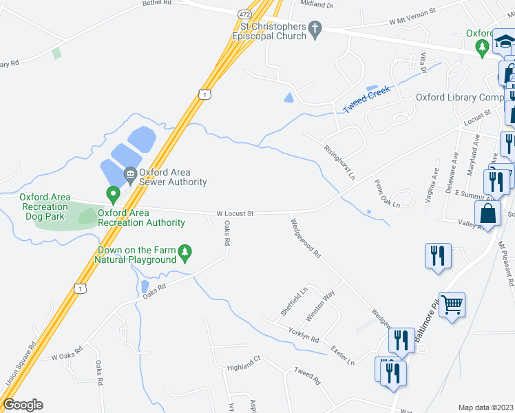 map of restaurants, bars, coffee shops, grocery stores, and more near 631 West Locust Street in Oxford