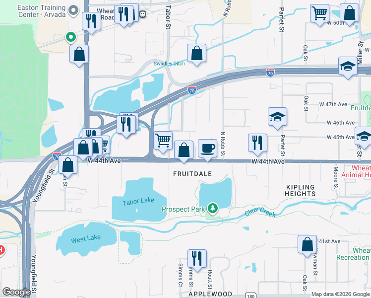 map of restaurants, bars, coffee shops, grocery stores, and more near 11645 West 44th Avenue in Wheat Ridge