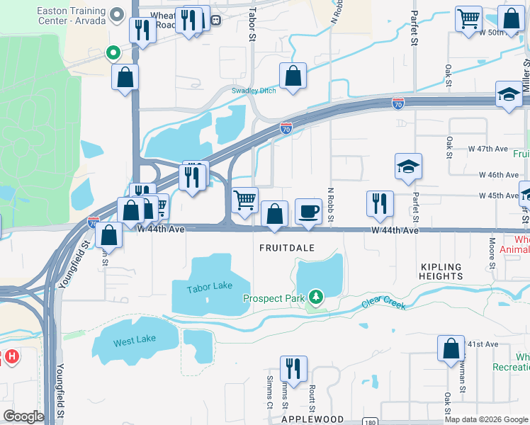 map of restaurants, bars, coffee shops, grocery stores, and more near in Wheat Ridge