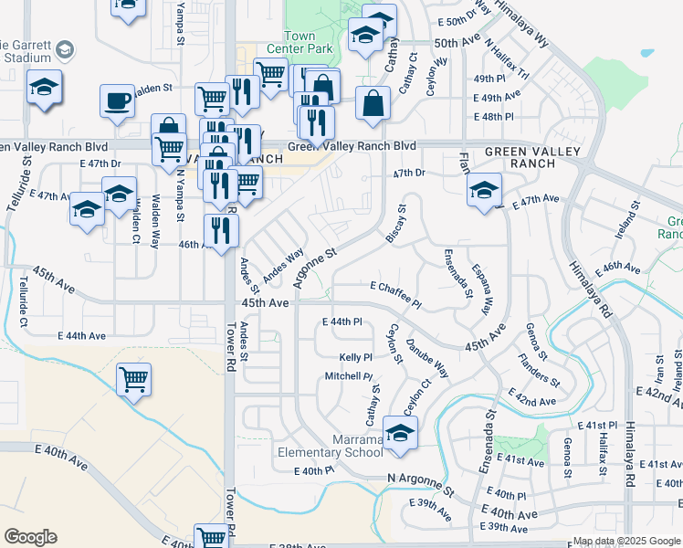 map of restaurants, bars, coffee shops, grocery stores, and more near 18900 East Chaffee Place in Denver
