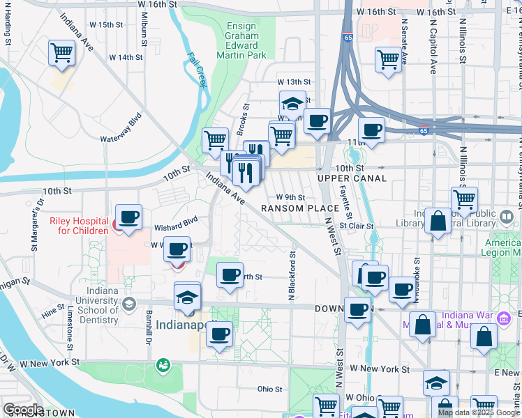 map of restaurants, bars, coffee shops, grocery stores, and more near 825 Indiana Avenue in Indianapolis