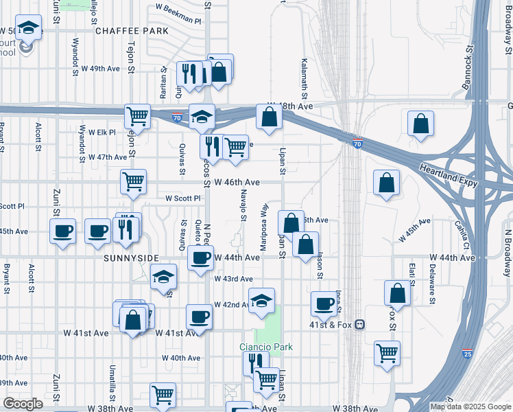 map of restaurants, bars, coffee shops, grocery stores, and more near 4539 Mariposa Way in Denver