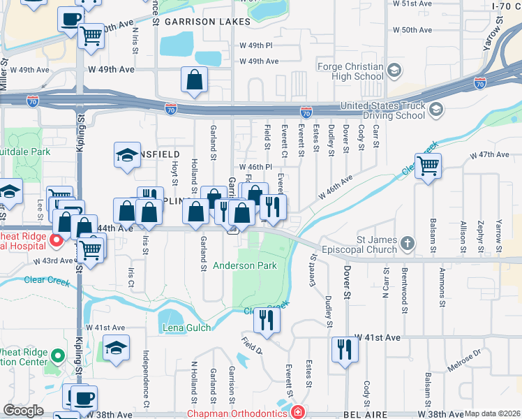 map of restaurants, bars, coffee shops, grocery stores, and more near 9045 West 44th Avenue in Wheat Ridge