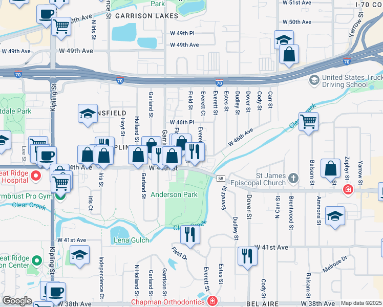 map of restaurants, bars, coffee shops, grocery stores, and more near 8991 West 45th Place in Wheat Ridge
