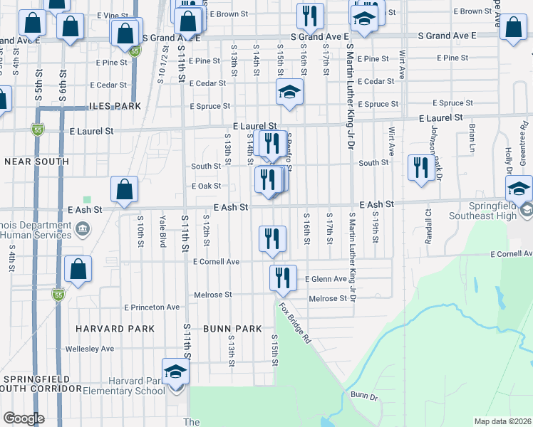 map of restaurants, bars, coffee shops, grocery stores, and more near 2124 South 15th Street in Springfield