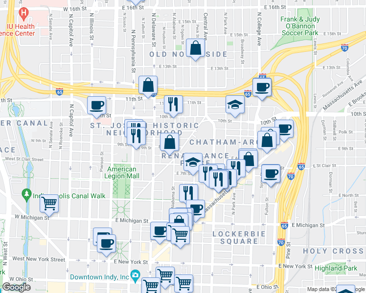 map of restaurants, bars, coffee shops, grocery stores, and more near E 9th St & Fort Wayne Ave in Indianapolis