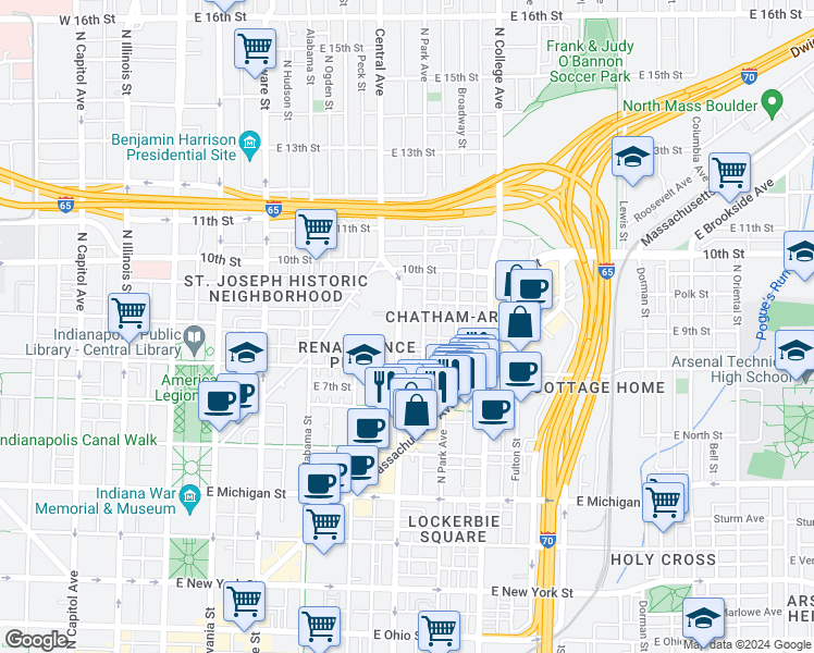 map of restaurants, bars, coffee shops, grocery stores, and more near 812 North Park Avenue in Indianapolis