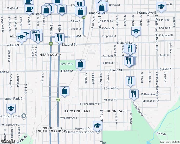 map of restaurants, bars, coffee shops, grocery stores, and more near 1016 East Ash Street in Springfield