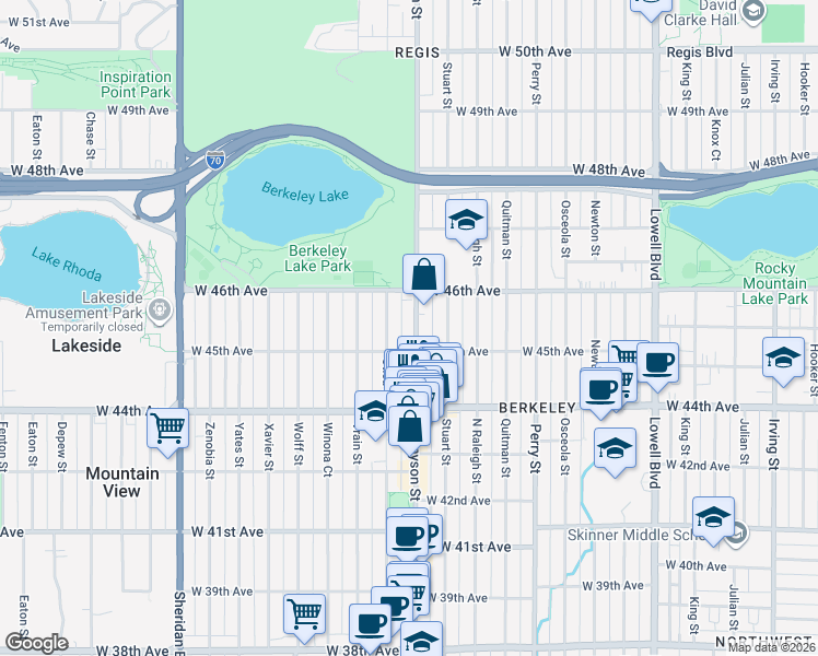 map of restaurants, bars, coffee shops, grocery stores, and more near 4502 Utica Street in Denver