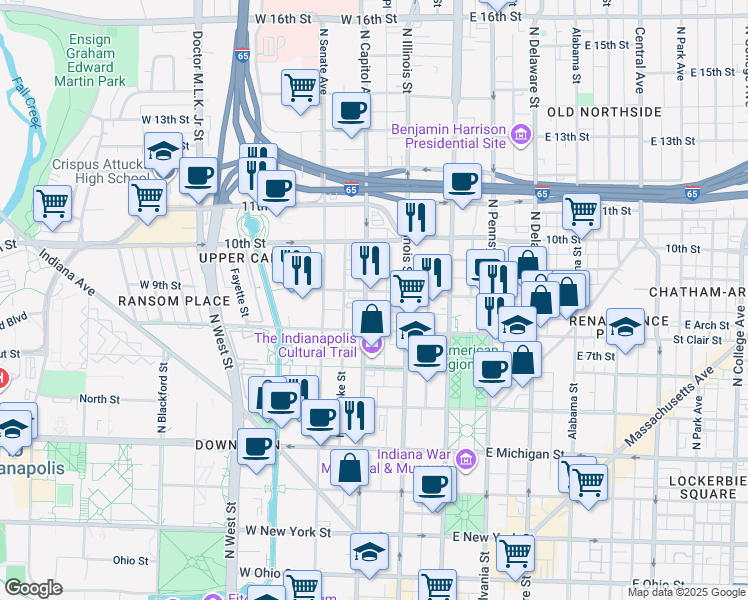 map of restaurants, bars, coffee shops, grocery stores, and more near 800 North Capitol Avenue in Indianapolis