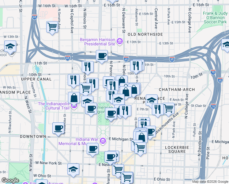 map of restaurants, bars, coffee shops, grocery stores, and more near 821 North Pennsylvania Street in Indianapolis