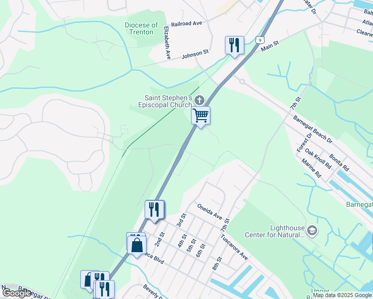map of restaurants, bars, coffee shops, grocery stores, and more near 24 Bay Breeze Drive in Toms River