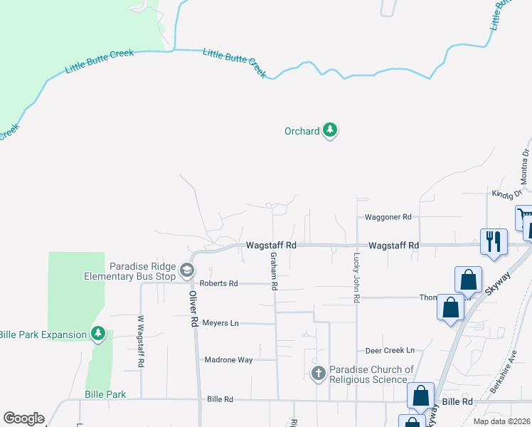 map of restaurants, bars, coffee shops, grocery stores, and more near 6455 Graham Road in Paradise