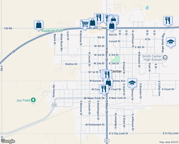 map of restaurants, bars, coffee shops, grocery stores, and more near 200 North Lincoln Street in Smith Center