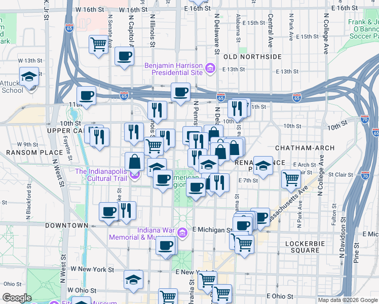 map of restaurants, bars, coffee shops, grocery stores, and more near 39 East 9th Street in Indianapolis