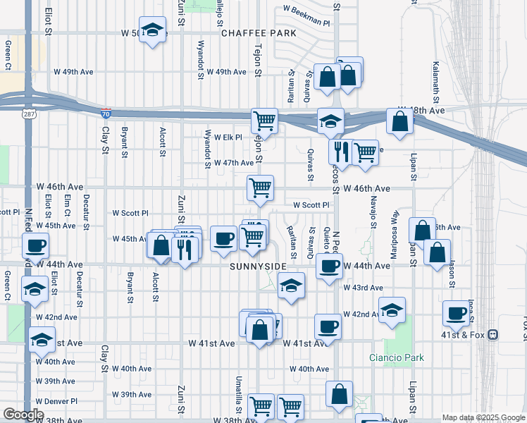 map of restaurants, bars, coffee shops, grocery stores, and more near 4530 Shoshone Street in Denver