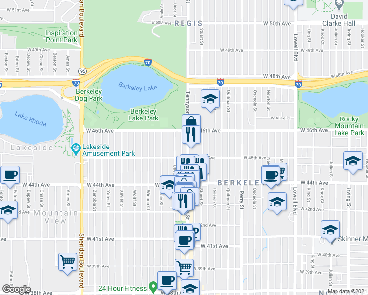 map of restaurants, bars, coffee shops, grocery stores, and more near 4502 Utica Street in Denver