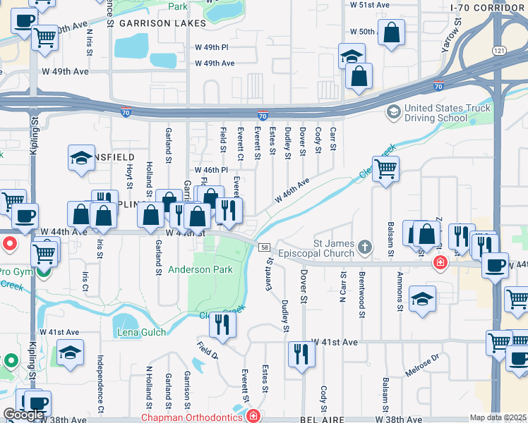 map of restaurants, bars, coffee shops, grocery stores, and more near 8784 West 46th Avenue in Wheat Ridge