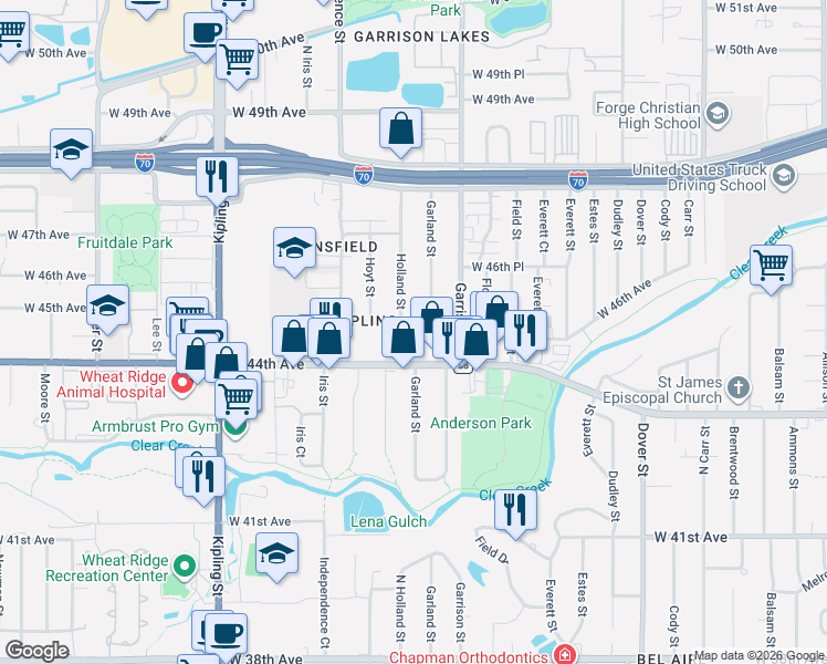 map of restaurants, bars, coffee shops, grocery stores, and more near 9345 West 44th Avenue in Wheat Ridge