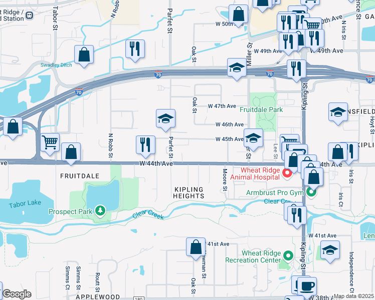 map of restaurants, bars, coffee shops, grocery stores, and more near 10913 West 44th Avenue in Wheat Ridge