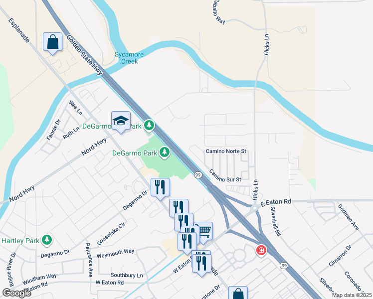 map of restaurants, bars, coffee shops, grocery stores, and more near 185 Camino Sur Street in Chico