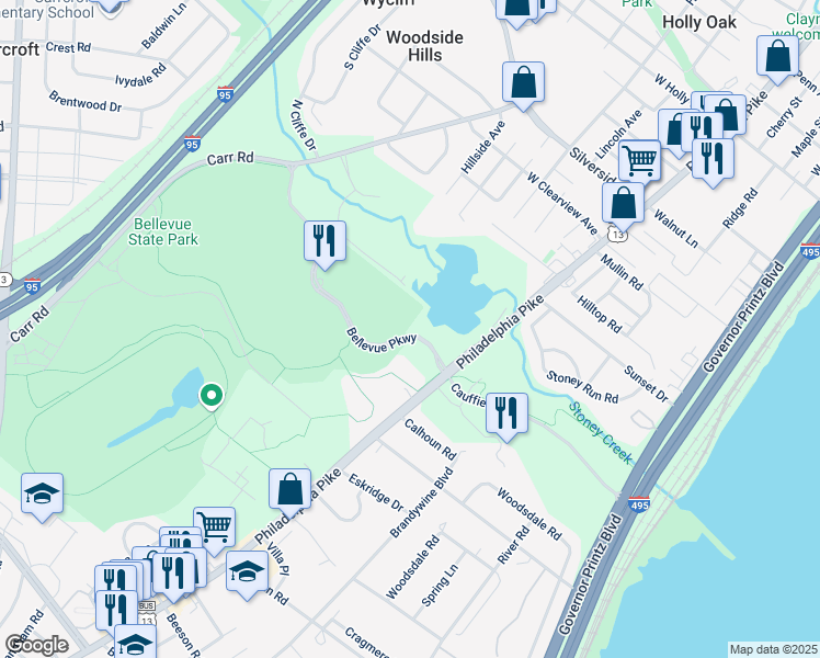 map of restaurants, bars, coffee shops, grocery stores, and more near 100 Bellevue Pkwy in Wilmington