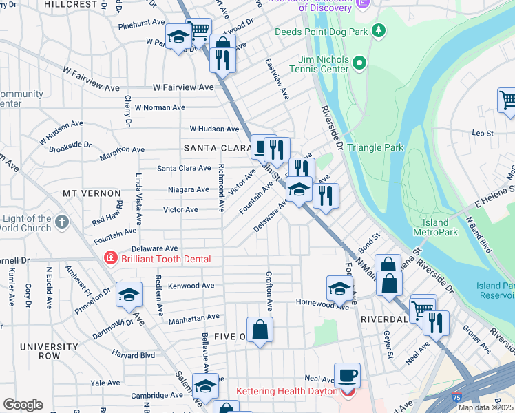 map of restaurants, bars, coffee shops, grocery stores, and more near 207 Delaware Avenue in Dayton