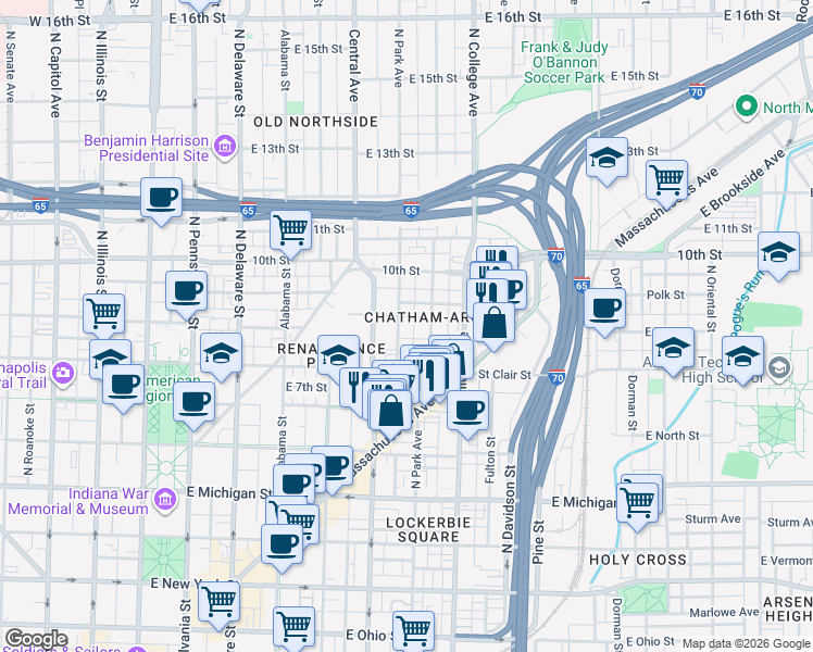 map of restaurants, bars, coffee shops, grocery stores, and more near 812 North Park Avenue in Indianapolis