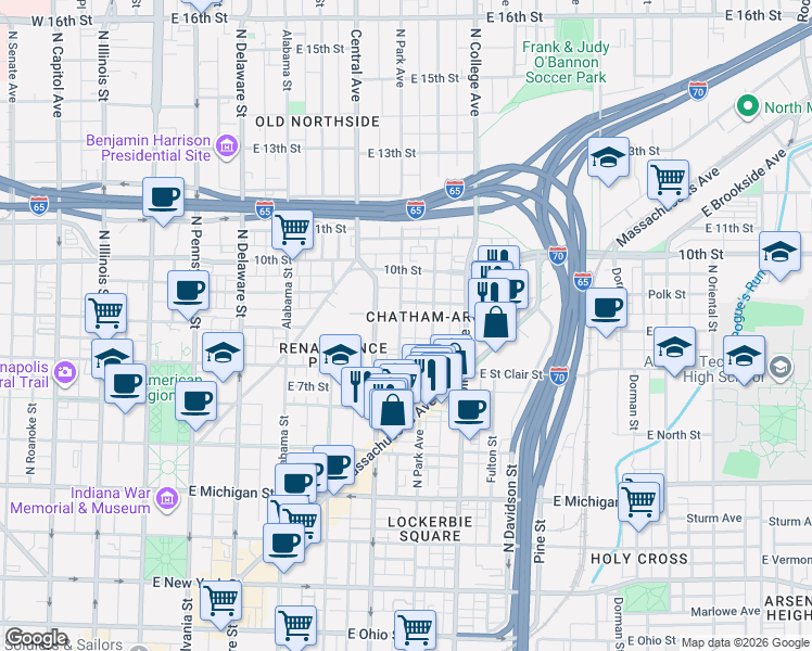 map of restaurants, bars, coffee shops, grocery stores, and more near 812 North Park Avenue in Indianapolis