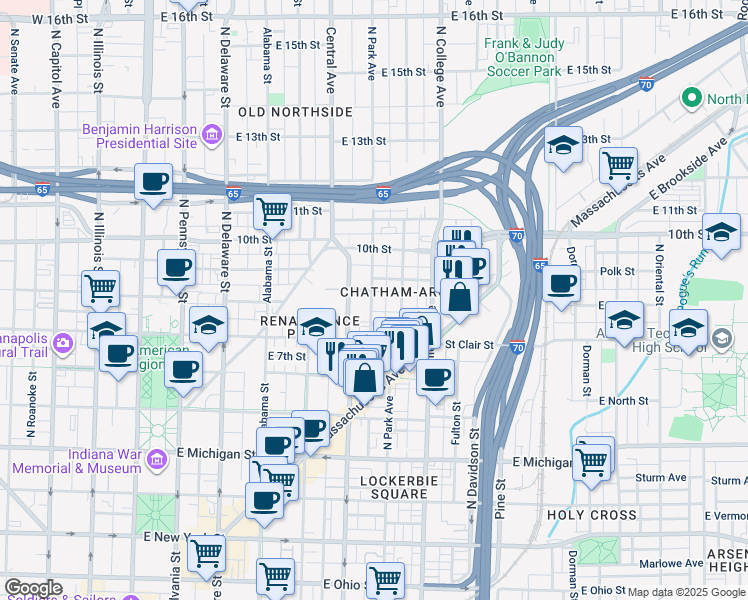 map of restaurants, bars, coffee shops, grocery stores, and more near 812 North Park Avenue in Indianapolis